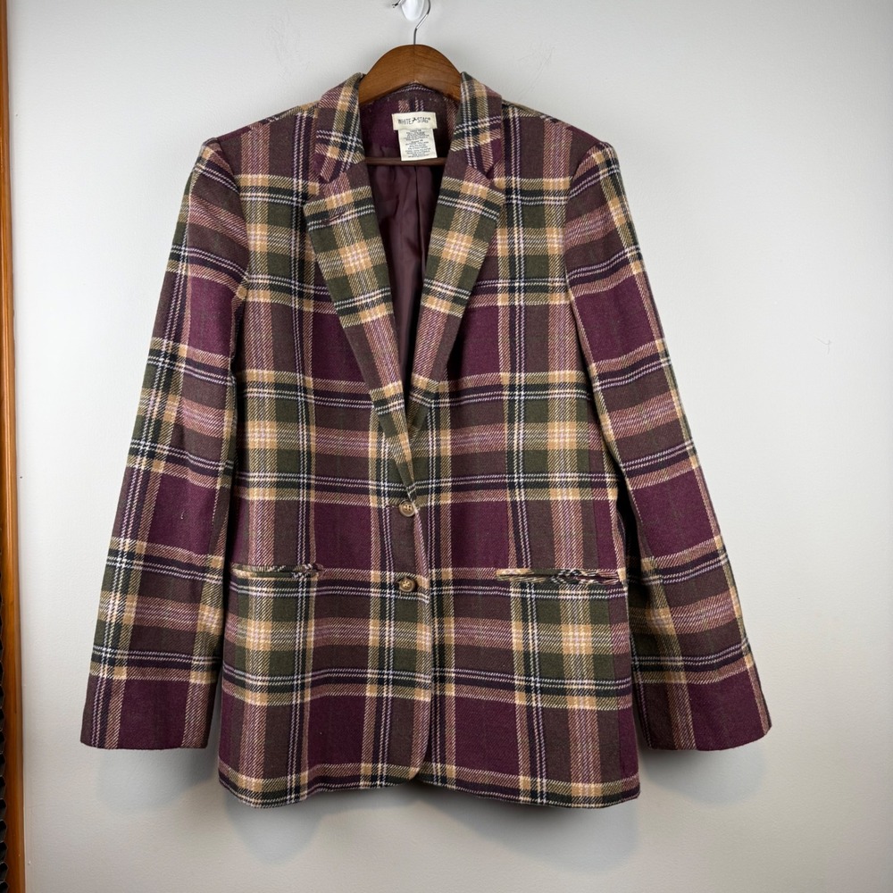 VTG Plaid Academic Preppy Wool Blend Blazer Size 14 Purple Tan Heritage Office